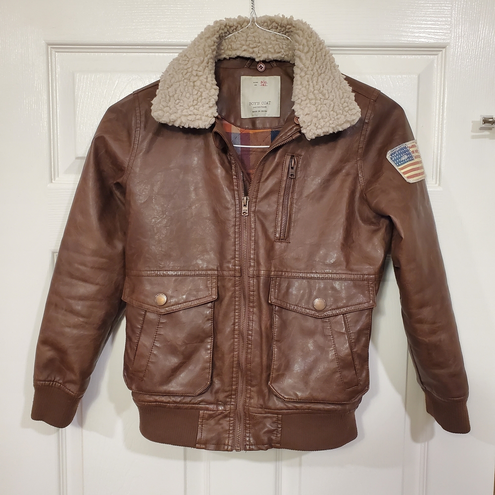 Boy's Faux Leather Bomber Aviator Jacket Coat, collar pockets brown 8 9 10 small